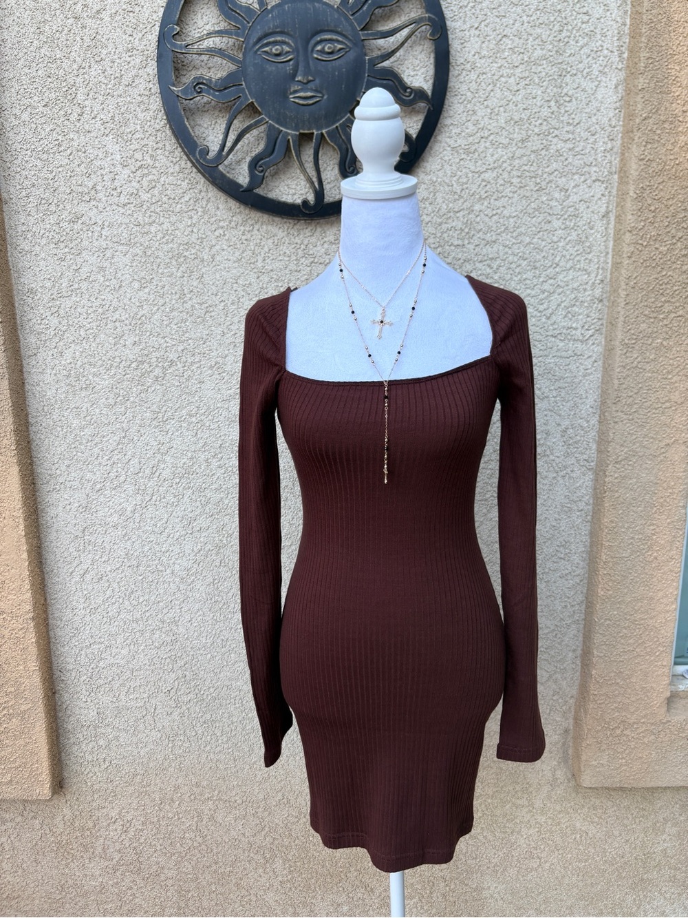 Beige Botany Brown Ribbed Square Neck Bodycon Mini Dress Long Sleeve Date Night
